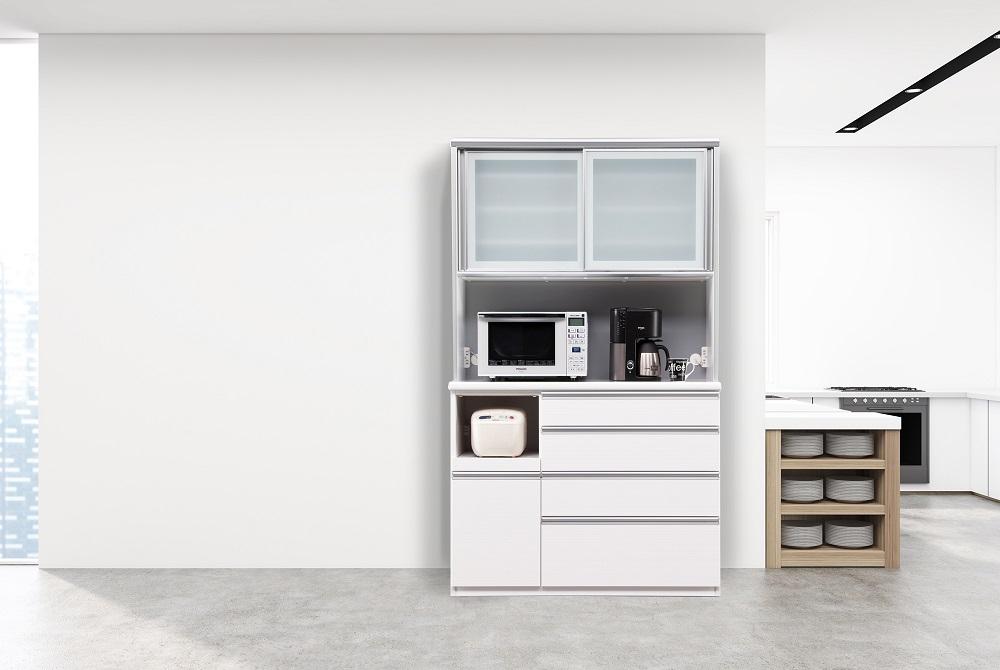 （ホワイト柾目）【開梱設置/受注製作】 ネオ キッチンボード 幅120cm 耐震 引き戸 食器棚 オープンボード 完成品 カップボード ダイニングボード 120幅 大川家具