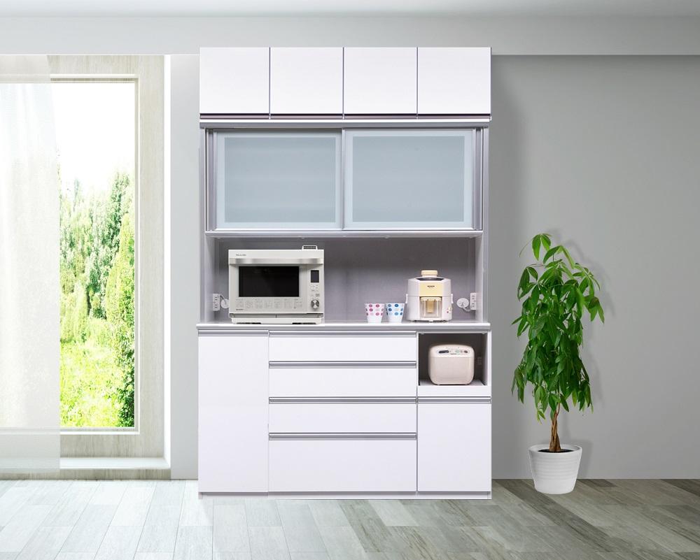 （ホワイト柾目）【開梱設置/受注製作】 レガシー キッチンボード 幅140cm 上置付 耐震 引き戸 食器棚 モイス キッチンボード 完成品 オープンボード レンジボード 140幅 国産 大川家具