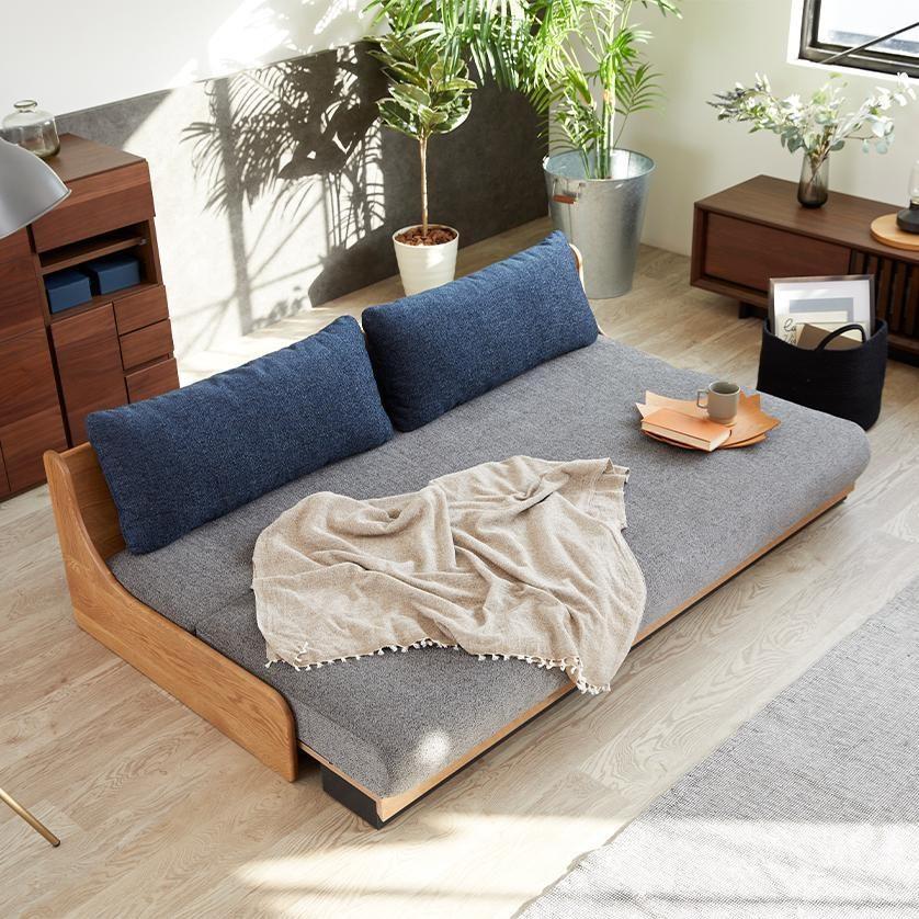 ソファベッド 3人掛け アンザ 200cm ごろ寝ローソファ：ヴィンテージナチュラル×グレー【モーブル】【大川家具】