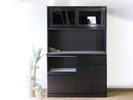 【開梱設置】食器棚 レンジ台 キッチンボード ブライト 幅117 鏡面 ブラックパール レンジボード キッチン収納 大川家具 完成品 家具