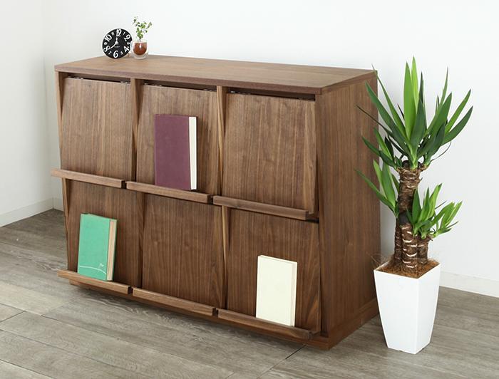 大川家具 ソプラ 113cm マガジンラック 本棚 3列2段 天然木ウォールナット 野中木工所