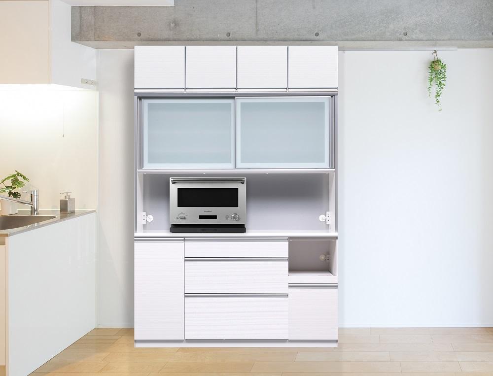 （ホワイト柾目）【開梱設置】 クロノス キッチンボード 上置き付 幅160cm キッチンボード 引き戸 食器棚 オープンボード 完成品 カップボード ダイニングボード 160幅 大川家具