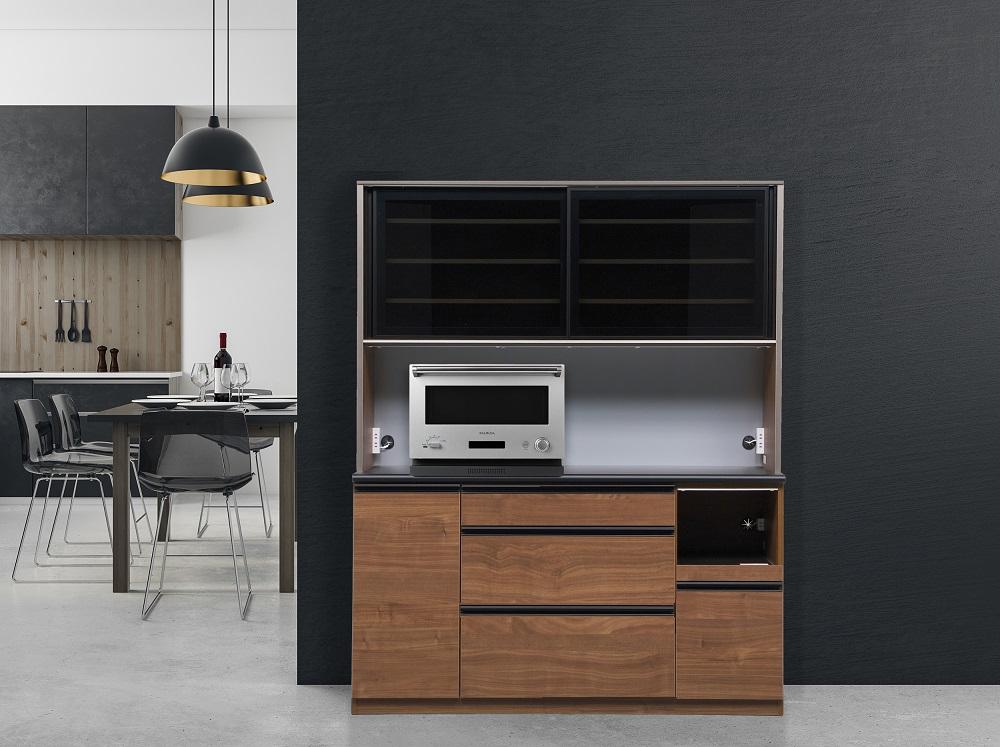 （ウォールナット柄）【開梱設置】 クロノス キッチンボード 幅160cm キッチンボード 引き戸 食器棚 オープンボード 完成品 カップボード ダイニングボード 120幅 大川家具