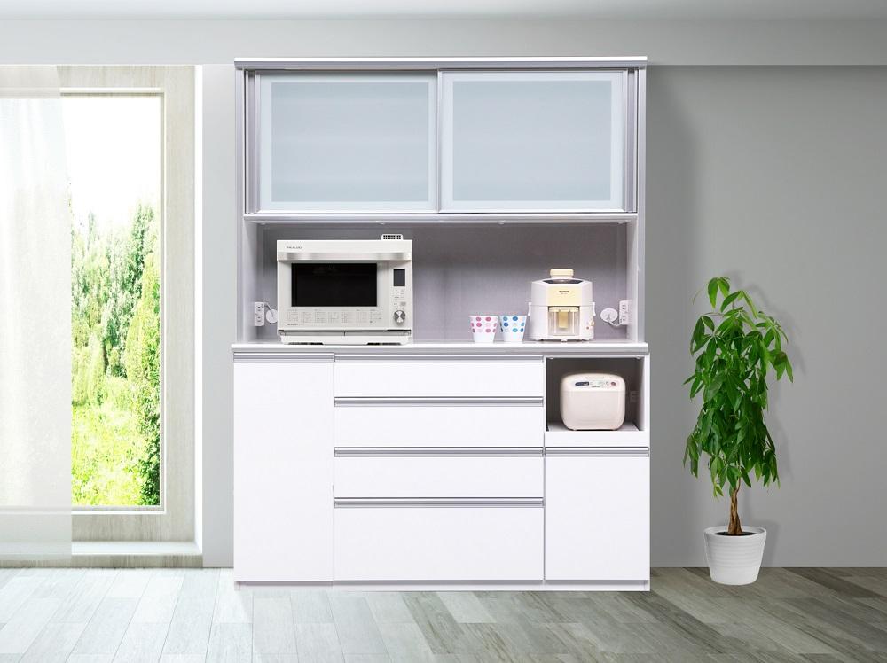 （ホワイト柾目）【開梱設置】 レガシー キッチンボード 幅140cm 耐震 引き戸 食器棚 モイス カップボード 完成品 ダイニングボード スリム キッチン収納 大川家具