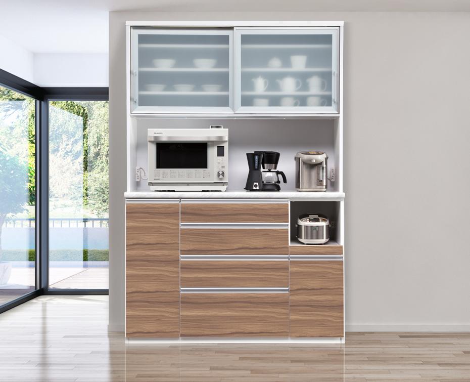 （キングウッド）【開梱設置】 ルシエル レンジボード 幅140cm 大理石調 食器棚 引き戸 キッチンボード レンジ台 完成品 キッチン収納 ダイニングボード 大川家具 日本製