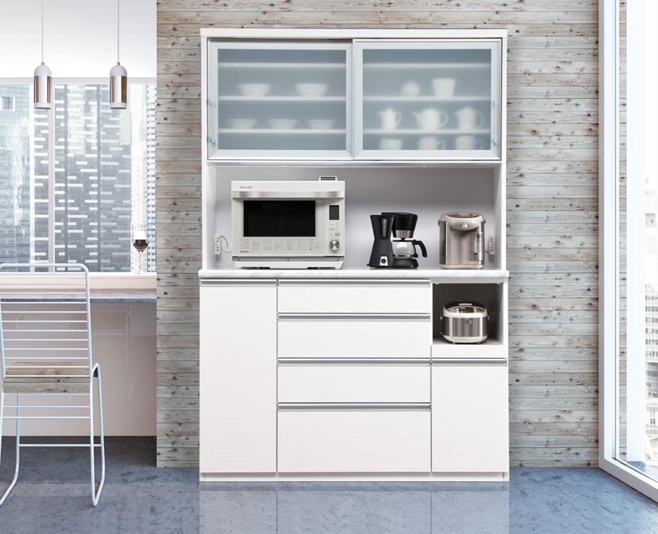 （ホワイト柾目）【開梱設置】 ルシエル レンジボード 幅140cm 大理石調 食器棚 引き戸 キッチンボード レンジ台 完成品 キッチン収納 ダイニングボード 大川家具 日本製