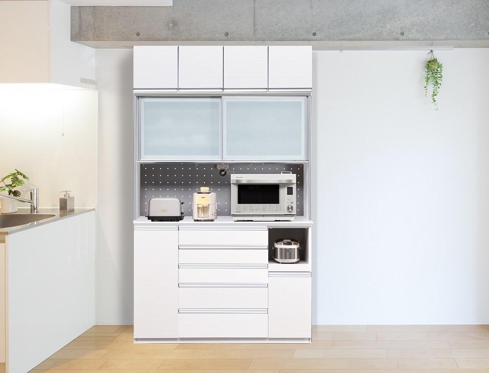 （ホワイト柾目）【開梱設置】 シャロン オープンボード 上置き付 幅140cm 引き戸 食器棚 キッチンボード 完成品 カップボード キッチン収納 家電収納 ダイニングボード 140幅 大川家具