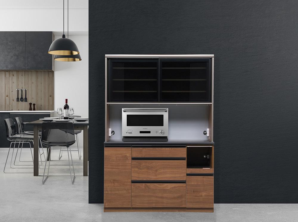 （ウォールナット柄）【開梱設置】 クロノス キッチンボード 幅140cm キッチンボード 引き戸 食器棚 オープンボード 完成品 カップボード ダイニングボード 120幅 大川家具