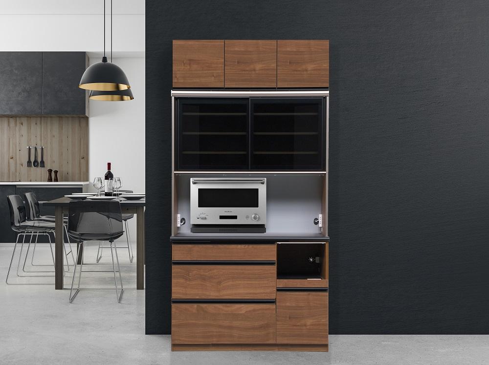 （ウォールナット柄）【開梱設置】 クロノス キッチンボード 上置き付 幅120cm キッチンボード 引き戸 食器棚 オープンボード 完成品 カップボード ダイニングボード 120幅 大川家具