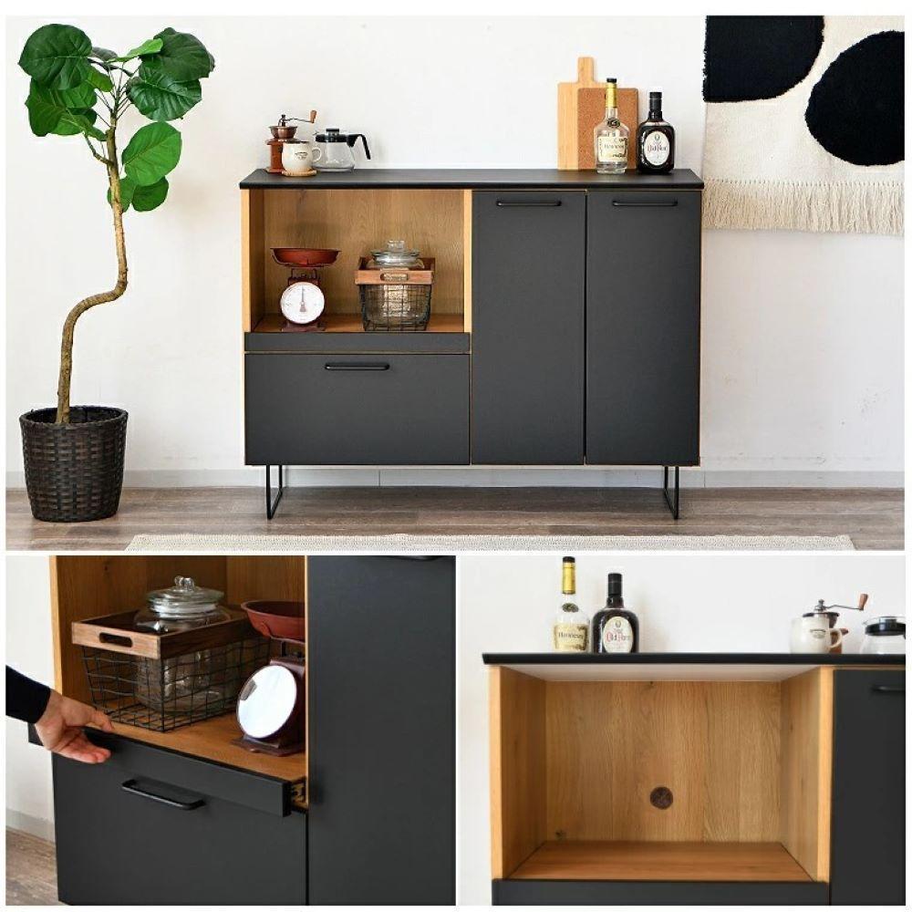 サイドボード 食器棚 レンジ台 木製 幅120cm ブラック おしゃれ メラミン 食器棚 カウンター下収納 リビングボード 日本製 木目調 脚付き