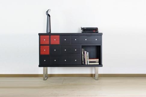 【MODERNA 115チェスト（L-1）】★職人の手で一つずつ微調整しながら組み上げたチェスト。ブラック染色の本体に、日本古来の伝統色をアクセントカラーとして変化をつけた和モダンインテリア