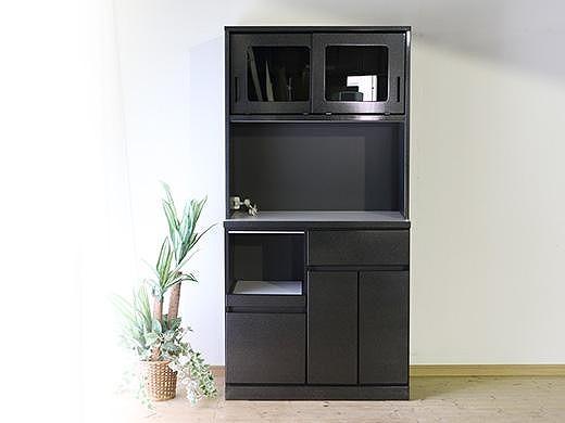 【開梱設置】食器棚 レンジ台 キッチンボード ブライト 幅89 鏡面 ブラックパール レンジボード キッチン収納 大川家具 完成品 家具