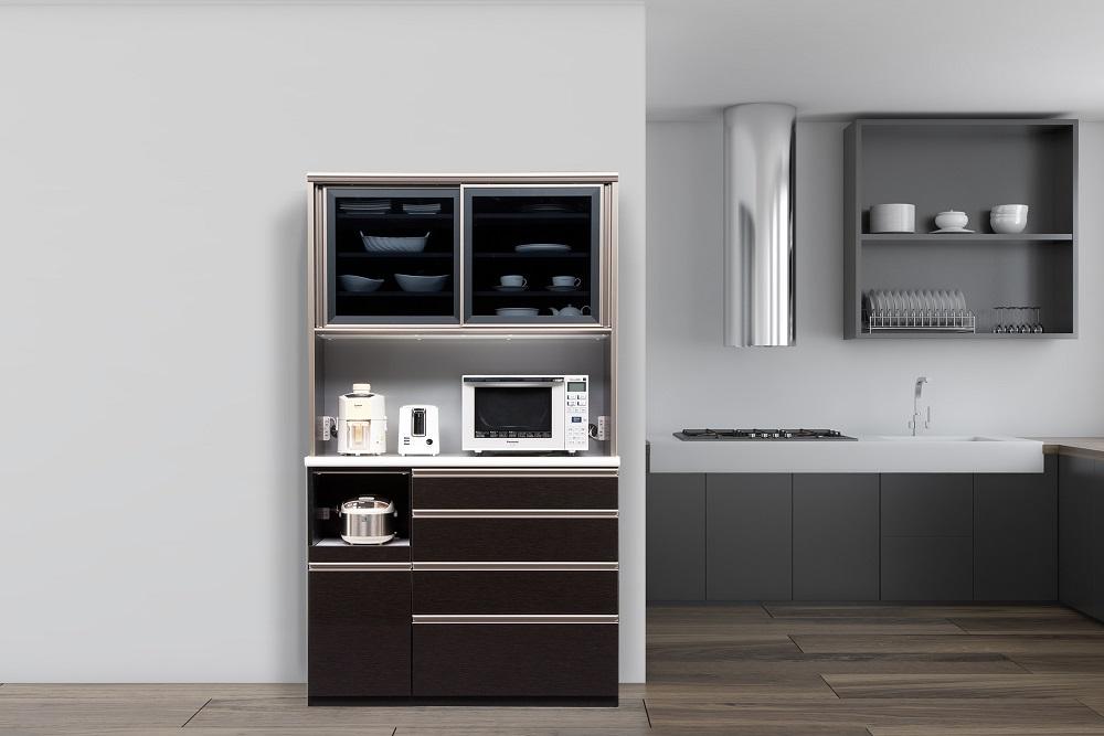 （ブラック木目）【開梱設置/受注製作】 ネオ キッチンボード 幅120cm 耐震 引き戸 食器棚 オープンボード 完成品 カップボード ダイニングボード 120幅 大川家具