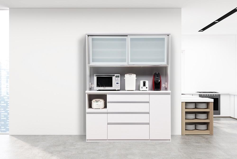 （ホワイト柾目）【開梱設置/受注製作】 ネオ キッチンボード 幅160cm 耐震 引き戸 食器棚 オープンボード 完成品 カップボード ダイニングボード 160幅 大川家具