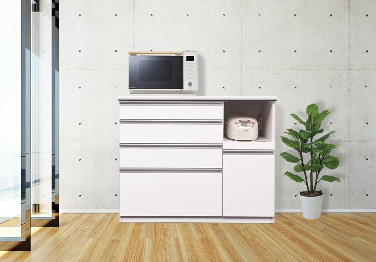 （ホワイト）【開梱設置】 セイント キッチンカウンター 幅120cm キッチン収納 ハイタイプ レンジ台 完成品 大型レンジ対応 大川家具