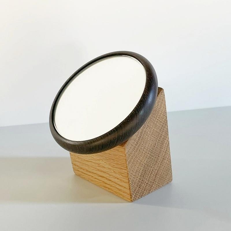 【Face Mirror ウェンジ材+オーク材】ハンドミラー（手鏡）スタンドミラー（卓上）ウォールミラーとしても＜フェイスミラー＞ プレゼント 父の日 母の日 入学 卒業 就職 MUFactory