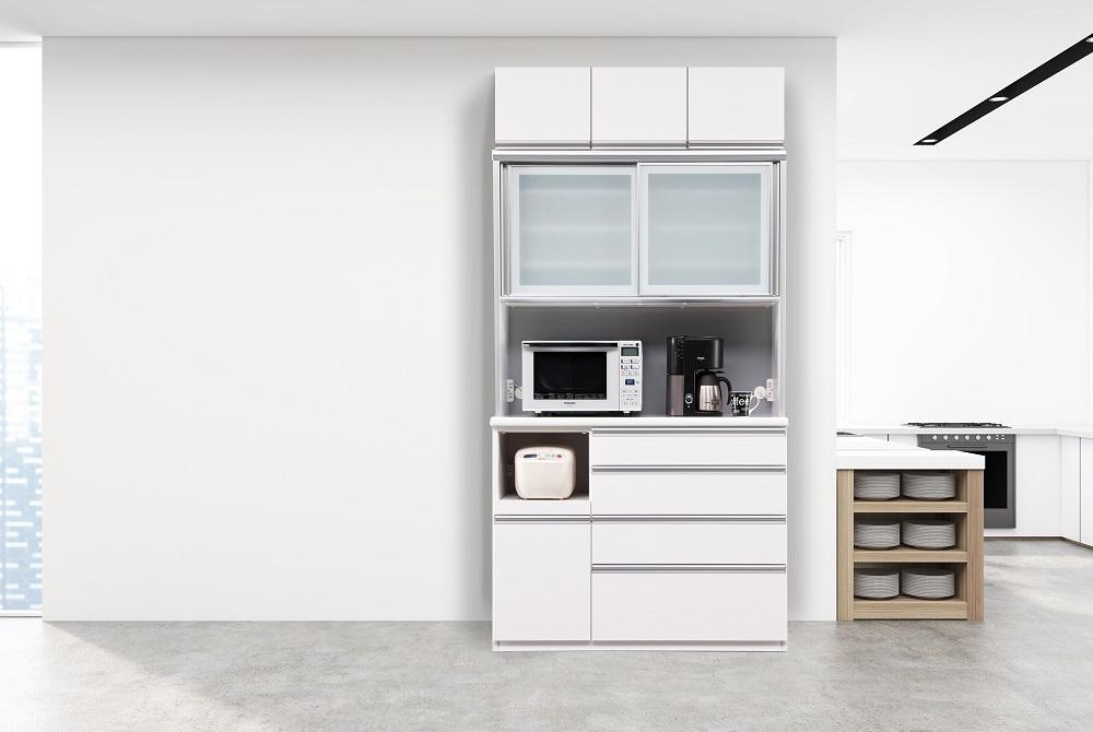 （ホワイト柾目）【開梱設置/受注製作】 ネオ キッチンボード 幅120cm 上置き付き 耐震 引き戸 食器棚 オープンボード 完成品 カップボード ダイニングボード 120幅 大川家具