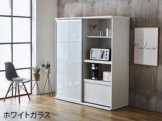 【開梱設置】引き戸 食器棚 レンジボード ポエム 幅133.5 （ホワイトガラス／ホワイト）キッチン収納 大川家具 家具