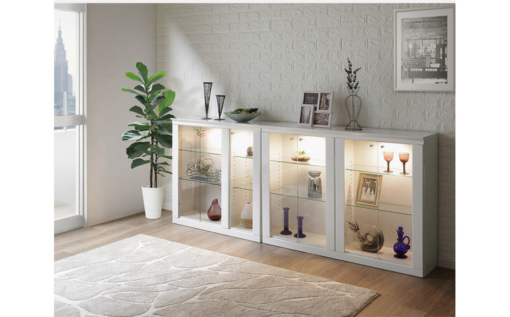 ミュージアム 幅89cm カウンター下収納 コレクションボード ガラス棚 収納棚 キャビネット 高級 大川家具 壁面収納 LEDライト  【開梱設置】