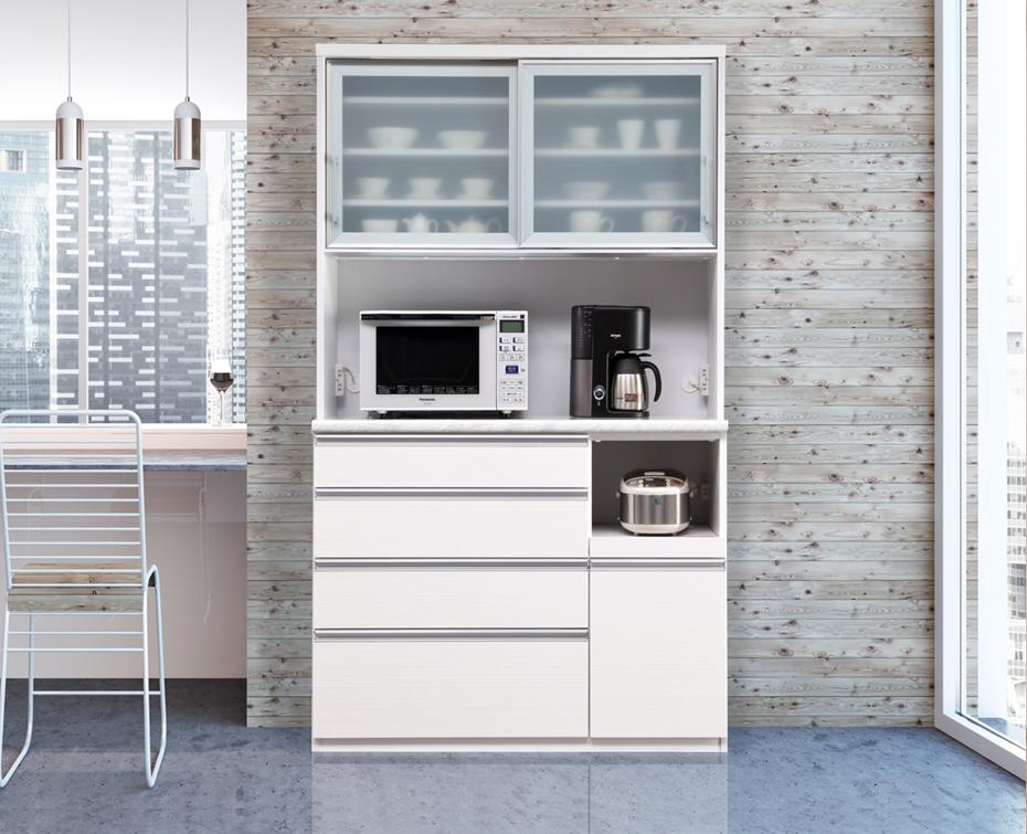 （ホワイト柾目）【開梱設置】 ルシエル レンジボード 幅120cm 大理石調 食器棚 引き戸 キッチンボード レンジ台 完成品 キッチン収納 ダイニングボード 大川家具 日本製