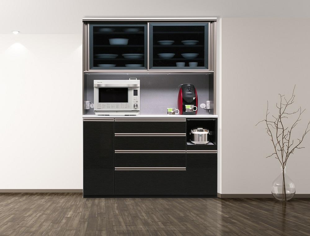 （ブラック木目）【開梱設置】 レガシー キッチンボード 幅140cm 耐震 引き戸 食器棚 モイス カップボード 完成品 ダイニングボード スリム キッチン収納 大川家具