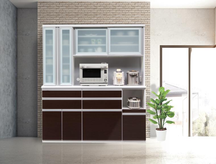 (ブラウン木目)【開梱設置】 エクセレント キッチンボード 食器棚 レンジ台 幅174cm 大川家具