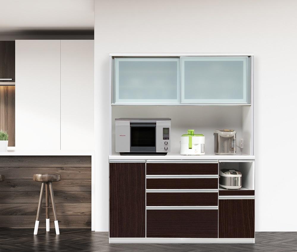 (ブラウン)【開梱設置】サフラン キッチンボード 幅150cm キッチンボード 引き戸 食器棚 オープンボード 完成品 カップボード ダイニングボード 150幅 大川家具