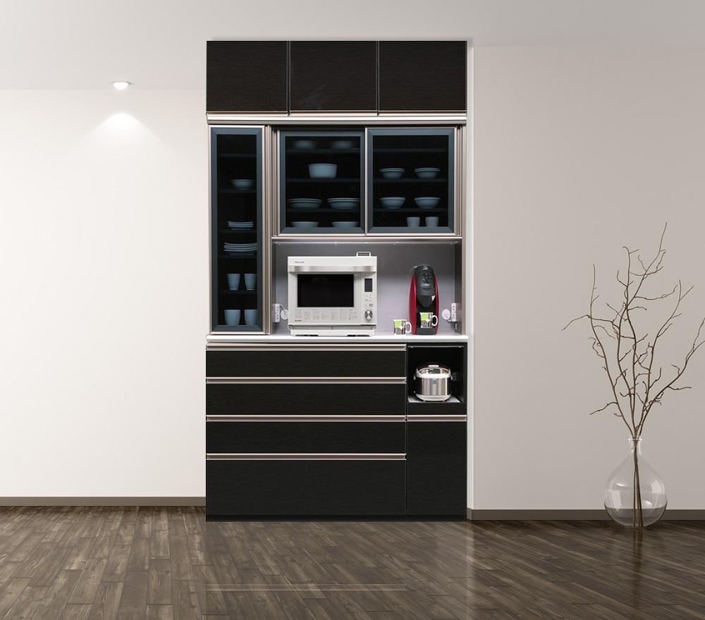 （ブラック木目）【開梱設置/受注製作】 レガシー キッチンボード 幅130cm 上置付 耐震 食器棚 引き戸 ダイニングボード 完成品 キッチンボード 130幅 大川家具