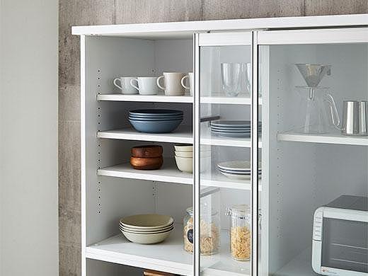 【開梱設置】引き戸 食器棚 レンジボード ポエム 幅153.5 （ミスト・クリア・スモークガラス／ホワイト）キッチン収納 大川家具 家具