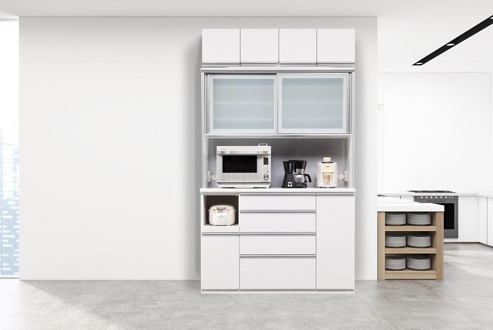 （ホワイト柾目）【開梱設置/受注製作】 ネオ キッチンボード 幅140cm 上置き付き 耐震 引き戸 食器棚 オープンボード 完成品 カップボード ダイニングボード 140幅 大川家具