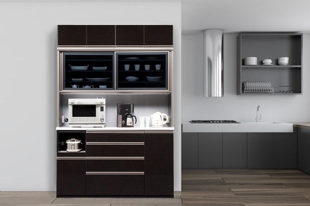 （ブラック木目）【開梱設置/受注製作】 ネオ キッチンボード 幅160cm 上置き付き 耐震 引き戸 食器棚 オープンボード 完成品 カップボード ダイニングボード 160幅 大川家具