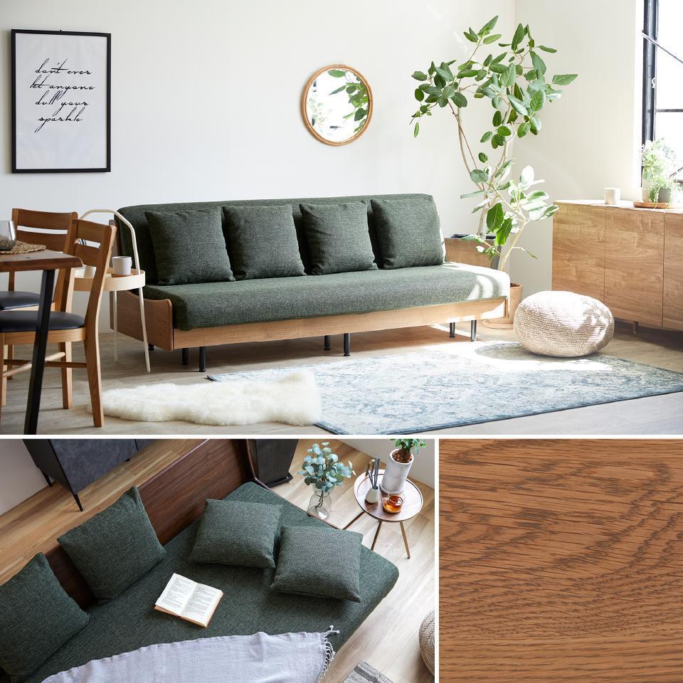 ソファベッド エスタートプレミアム 200cm らくらくカバー付き：ヴィンテージナチュラル×グリーン【大川家具】