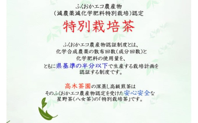 八女茶 奥八女星野村 特別栽培茶 深蒸し 高級煎茶 (深蒸し茶) 100g×2袋 