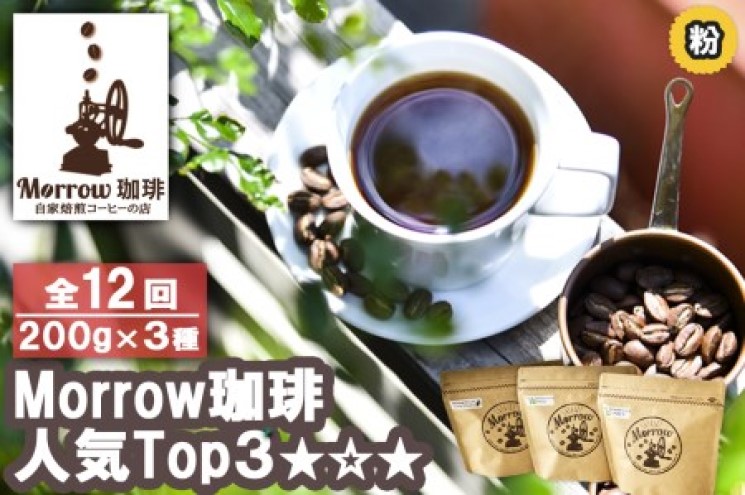 コーヒー 定期便 12ヶ月 「元珈琲嫌い」の店長が送る 自家焙煎 Morrow珈琲 人気TOP3 セット 粉 12回 お楽しみ