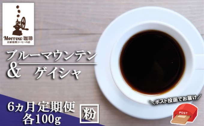 定期便 6ヶ月 自家焙煎 ブルーマウンテンNo.1＆ゲイシャ (粉) 各100g ポスト投函 珈琲 コーヒー 6回 お楽しみ Morrow珈琲