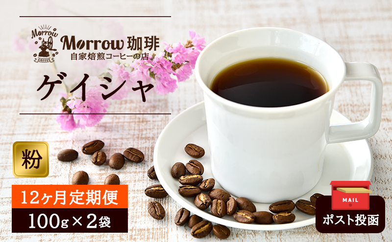 定期便 12ヶ月 世界最高峰 珈琲の一つ ゲイシャ (粉) 100g×2 ポスト投函 珈琲 コーヒー 12回 お楽しみ Morrow珈琲