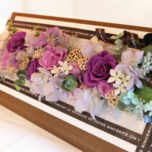 プリザーブドフラワー アレンジ ホワイトウッドフレーム ケース付き パープル インテリア 花