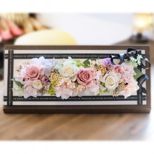 プリザーブドフラワー アレンジ ホワイトウッドフレーム ケース付き ピンク インテリア 花 