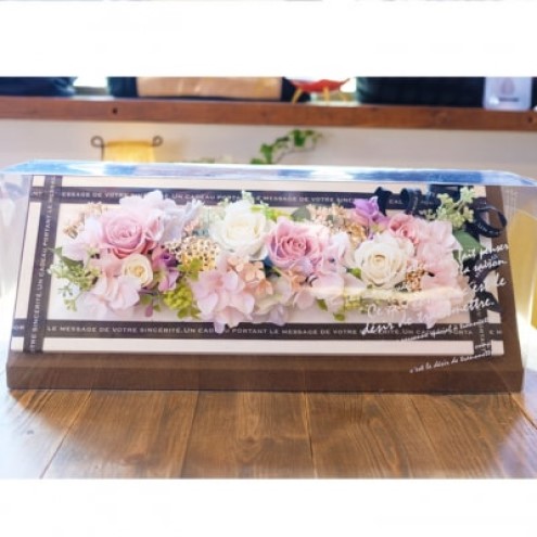 プリザーブドフラワー アレンジ ホワイトウッドフレーム ケース付き ピンク インテリア 花 