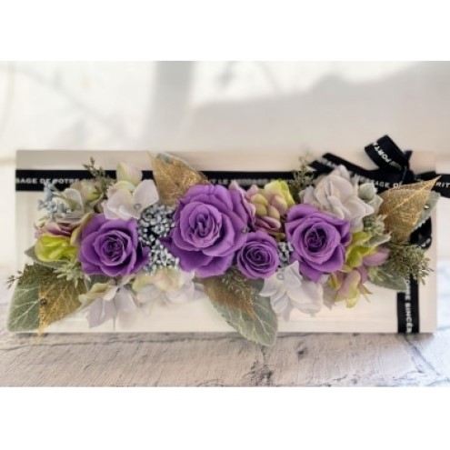 プリザーブドフラワー アレンジ ホワイトウッドフレーム Ｍサイズ ケース付 パープル インテリア 花