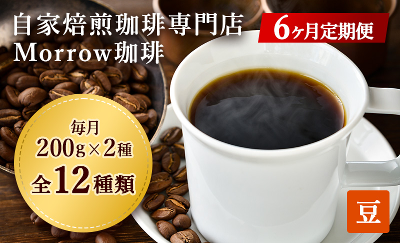 コーヒー豆 定期便 6ヶ月 自家焙煎 Morrow珈琲 2種 各200g セット 詰め合わせ レギュラーコーヒー 珈琲 コーヒー 珈琲豆 ドリップコーヒー ドリップ 自家焙煎珈琲 自家焙煎コーヒー 6回 半年 お楽しみ 福岡 福岡県 小郡市