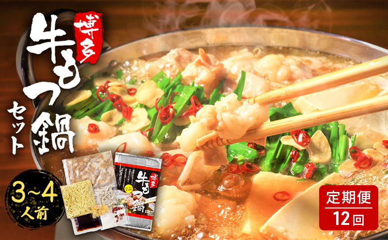 定期便 12ヶ月 もつ鍋 博多・牛もつ鍋 セット (3～4人前) モツ 牛肉 12回 ※配送不可：離島