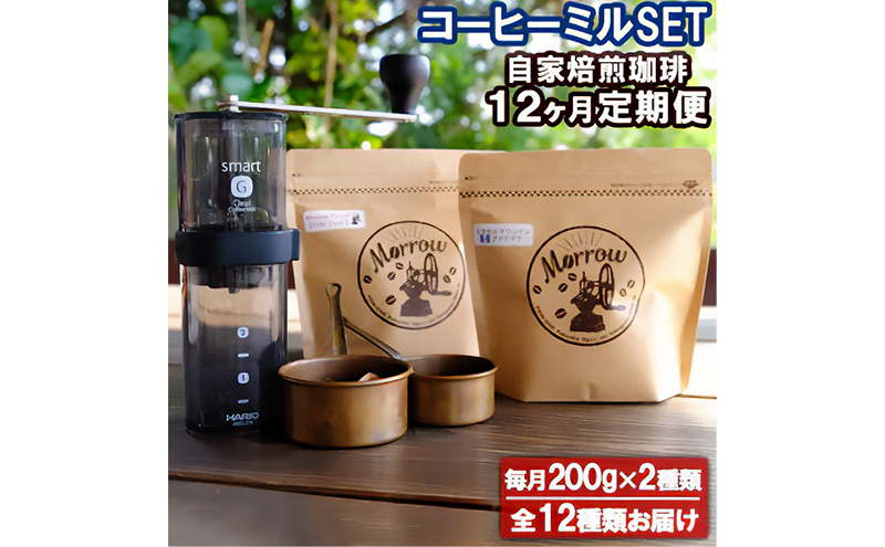 Morrow珈琲 12ヵ月定期便&コーヒーミル・スマートG【増量】レギュラーコーヒー 珈琲 コーヒー 珈琲粉 コーヒー豆 珈琲豆 ドリップコーヒー ドリップ 自家焙煎珈琲 自家焙煎コーヒー 12回 お楽しみ 福岡 福岡県 小郡市