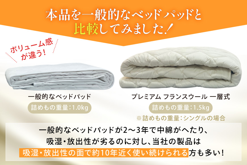 プレミアム フランスウール ベットパッド 一層式 セミダブル (120×198cm) ウォッシャブル対応 [インテリアやない 福岡県 筑紫野市 21761345] ベッドパッド ウール 寝具