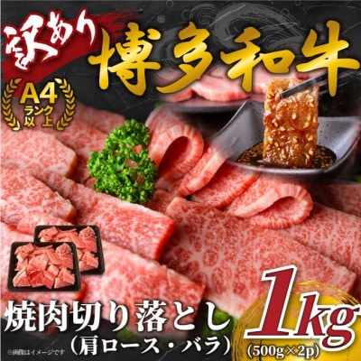 【毎月定期便】訳あり!【A4〜A5】博多和牛焼肉切り落とし　1kg(500g×2p)全12回【配送不可地域：離島】【4054413】