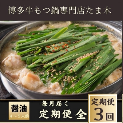 【毎月定期便】【博多牛もつ鍋専門店たま木】牛もつ鍋セット醤油味(4〜5人前) 牛もつ肉800g全3回【配送不可地域：離島】【4057706】