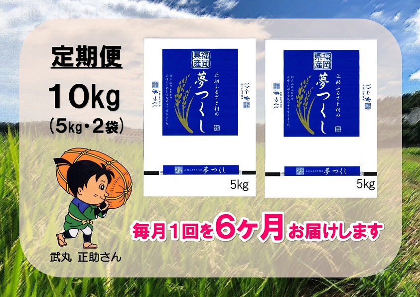 【定期便/6回/毎月お届け】【令和6年産】【真空包装】福岡県宗像市吉武産 新米「夢つくし」 10kg (5kg×2袋) ×6ヶ月【正助ふるさと村】_HB0168