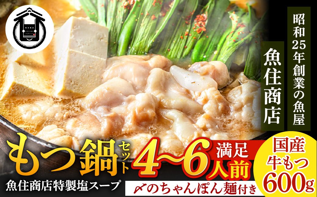 魚住商店特製 国産牛もつ使用 塩もつ鍋セット(4～6人前)【魚住商店】_HA2000 〆のチャンポン麺付き 国産モツ鍋 鍋 ホルモン 肉 もつ 国産もつ鍋 塩もつ鍋 塩モツ鍋 出汁つき 小分け 個包装 冷凍 惣菜 お惣菜 おかず おすすめ 福岡県宗像市
