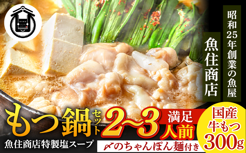魚住商店特製 国産牛もつ使用 塩もつ鍋セット(2～3人前)【魚住商店】_HA2018 〆のチャンポン麺付き 国産モツ鍋 鍋 ホルモン 肉 もつ 国産もつ鍋 塩もつ鍋 塩モツ鍋 出汁つき 小分け 個包装 冷凍 惣菜 お惣菜 おかず おすすめ 福岡県宗像市