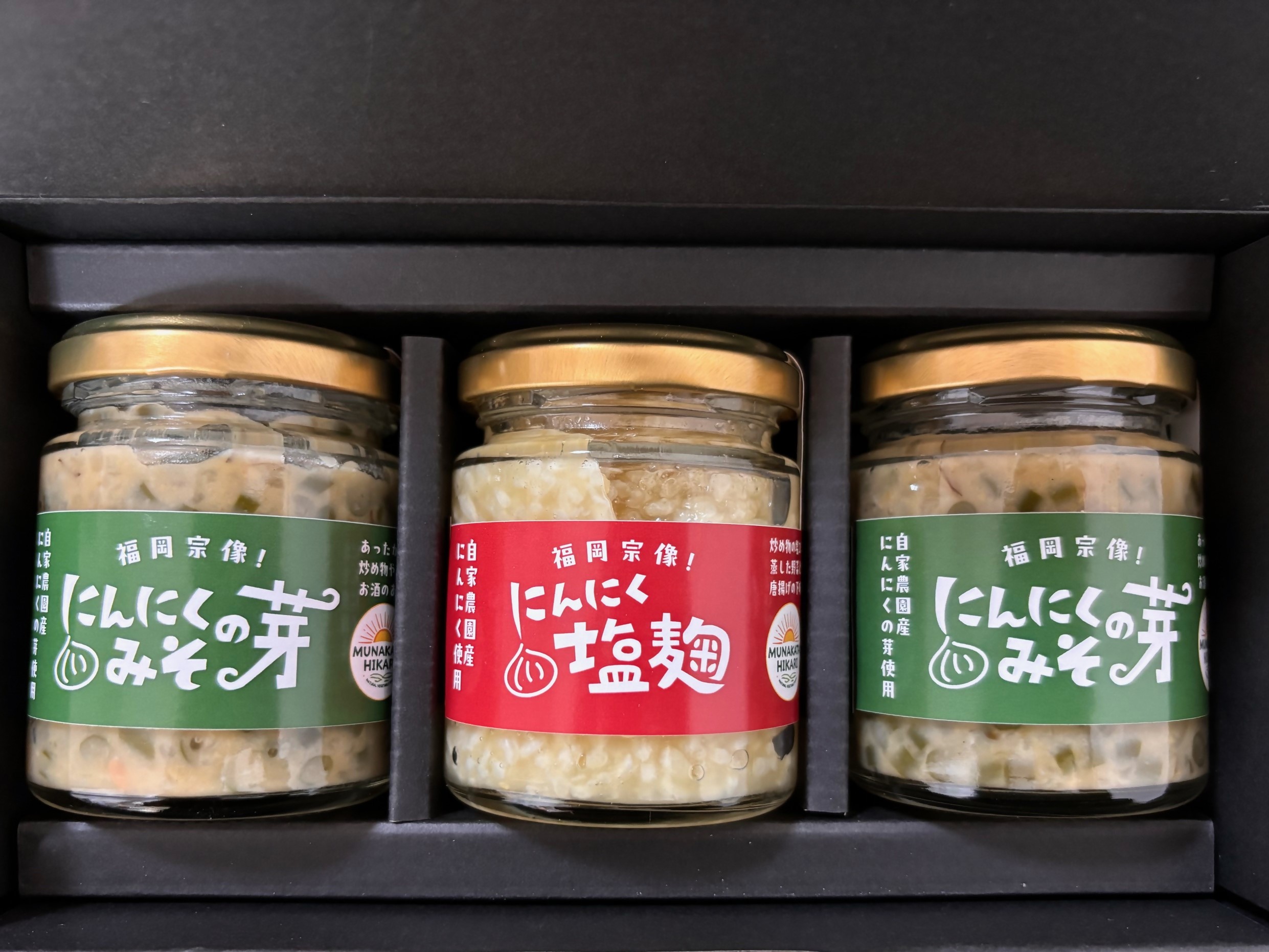 にんにくの芽みそ120g×2本　にんにく塩麴130g×1本（自然栽培のにんにくシリーズ）【むなかたひかり】_HA1598